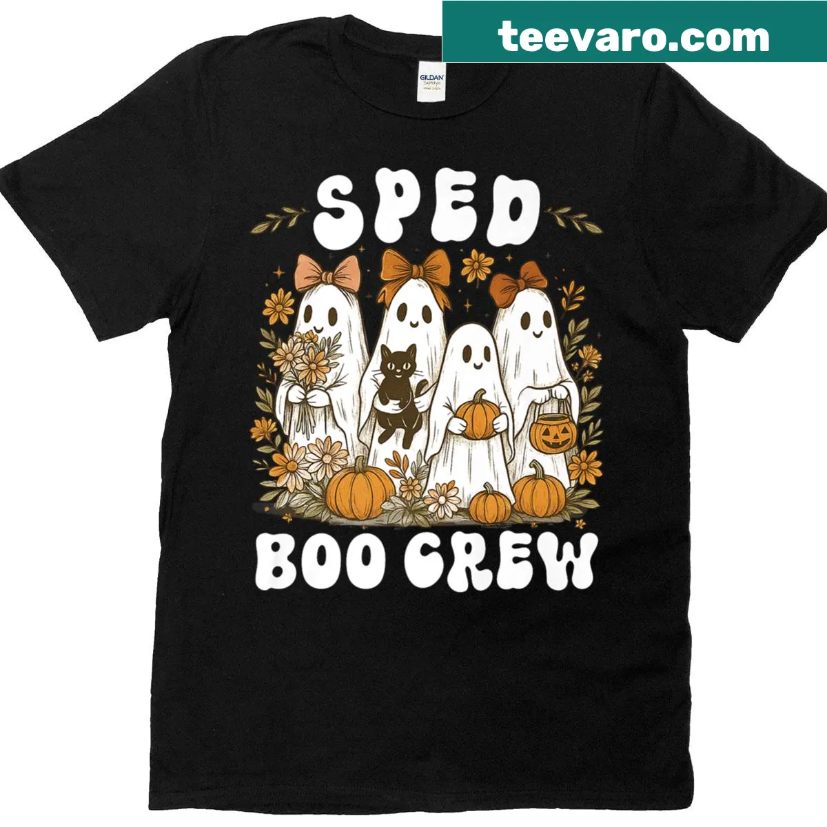 Halloween t-shirt with 'Boo Crew' text and ghost illustration — on a men's t-shirt