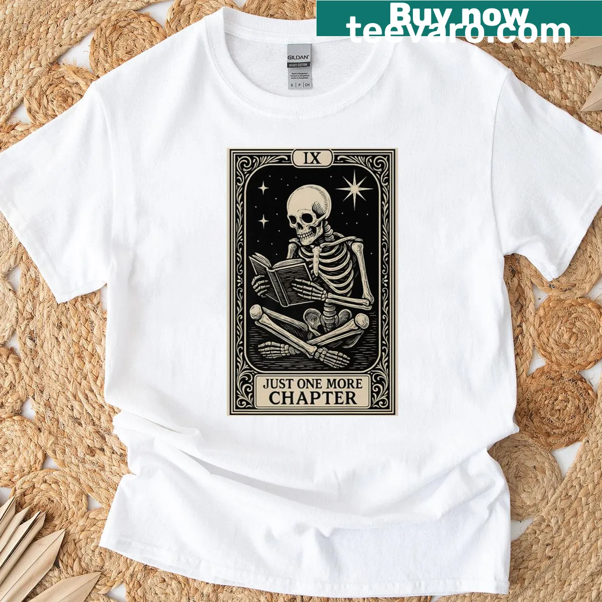 Vintage skeleton with books saying Just One More Chapter on a shirt — on a men's t-shirt