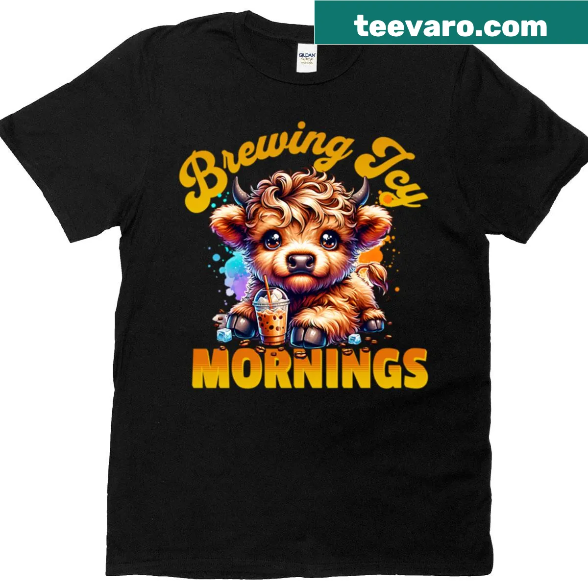 Cute T-shirt featuring a Highland cow enjoying iced coffee — on a men's t-shirt
