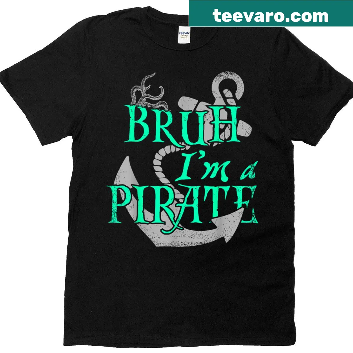 Funny T-shirt featuring a skeleton pirate with humorous text — on a men's t-shirt