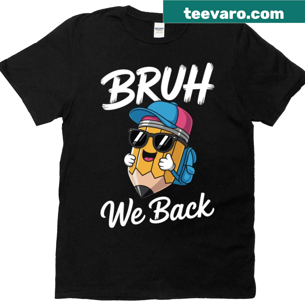 Cute pencil graphic T-shirt with the phrase 'Bruh We Back' — on a men's t-shirt