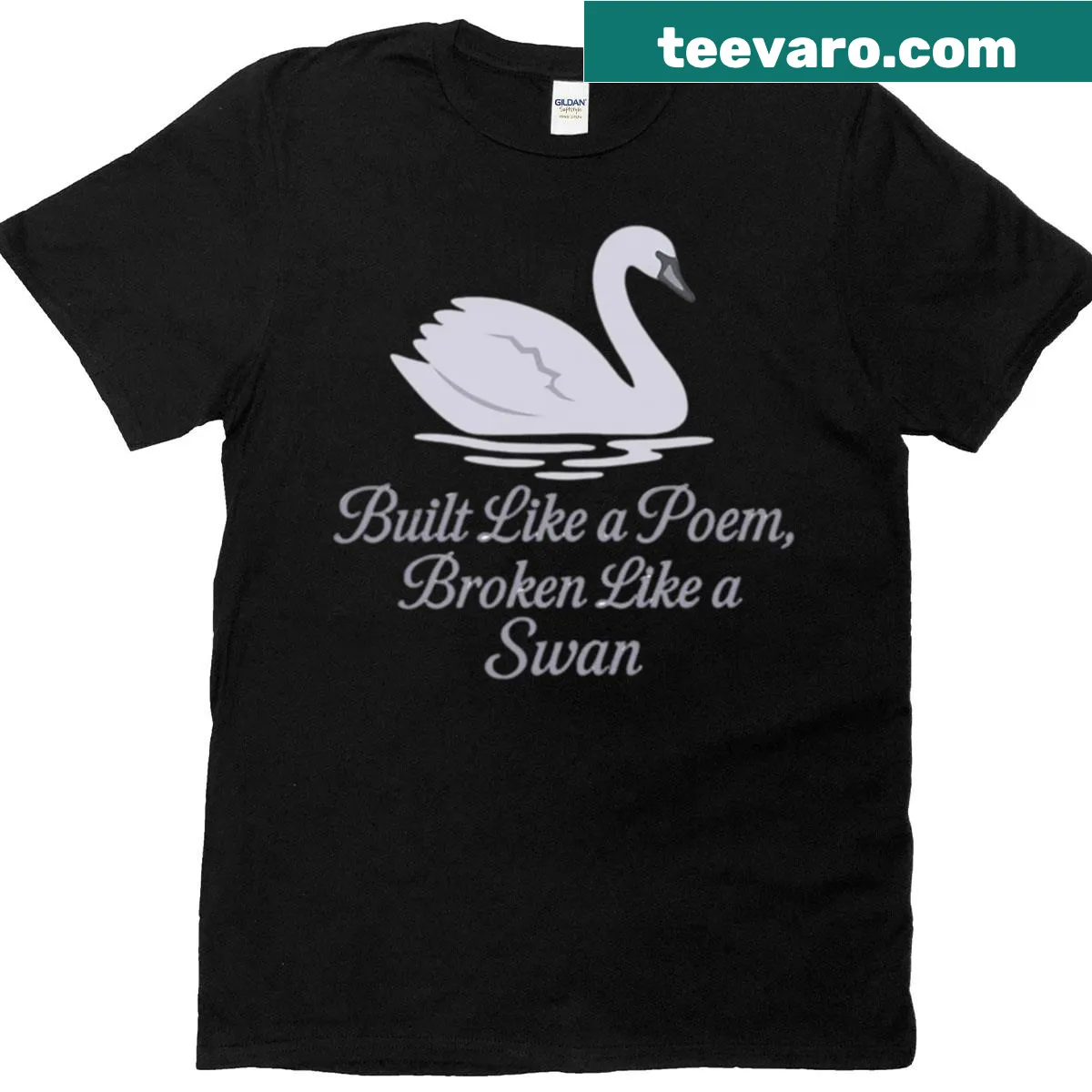 Illustrated swan with the text Built Like A Poem — on a men's t-shirt