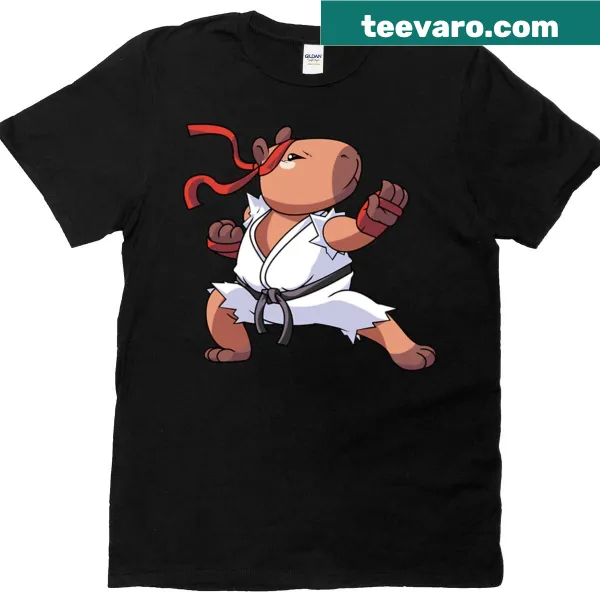 Retro pixel art T-shirt featuring a capybara fighter design
