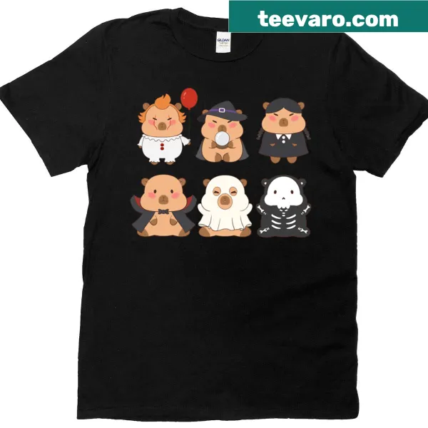 Cute Halloween T-shirt featuring a capybara illustration for kids.