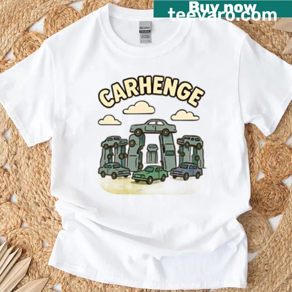 T-shirt featuring a vintage-style graphic of Carhenge roadside art.