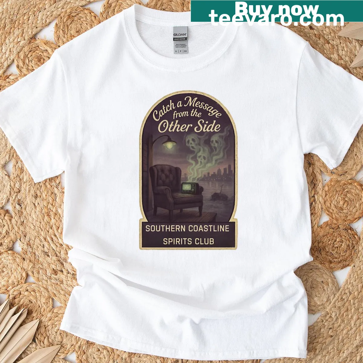 Psychic travel themed T-shirt featuring a graphic of Raleigh, NC. — on a men's t-shirt