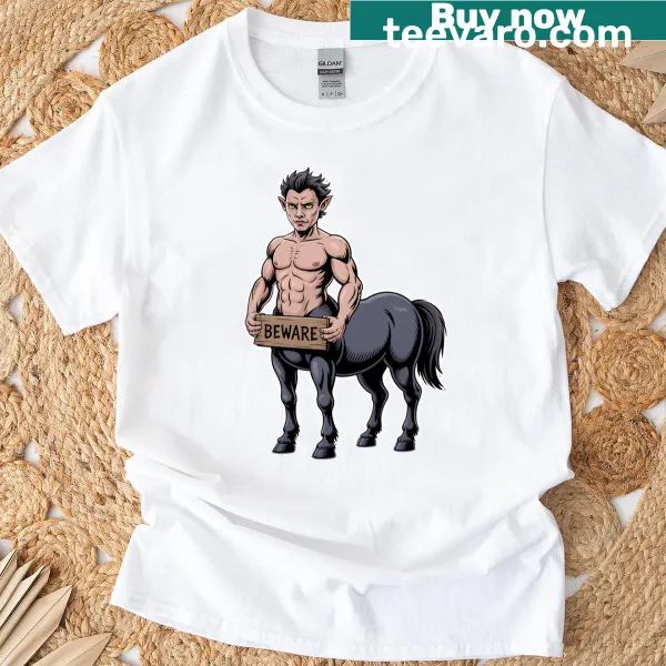 Graphic t-shirt featuring a fierce centaur warning illustration.