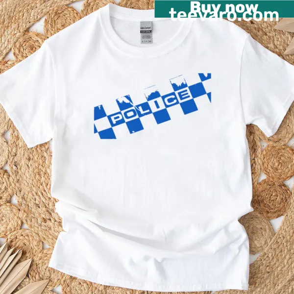 Graphic tee featuring a police tape design in checkered pattern