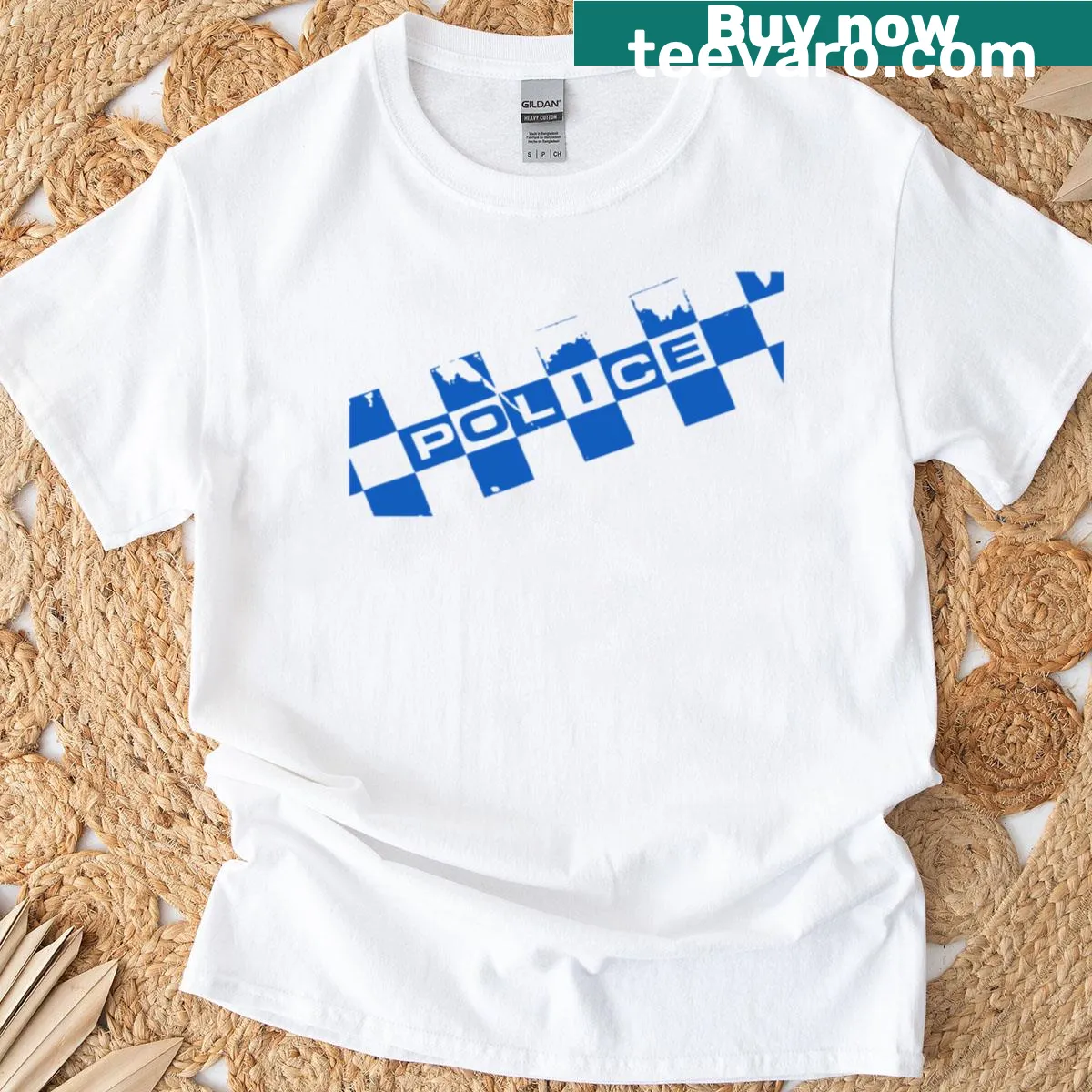 Graphic tee featuring a police tape design in checkered pattern — on a men's t-shirt
