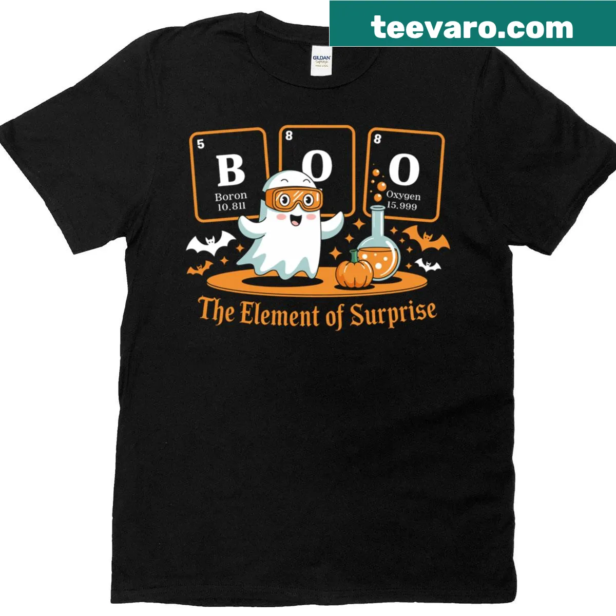 Cute Halloween-themed Chemistry Boo design on a T-shirt — on a men's t-shirt