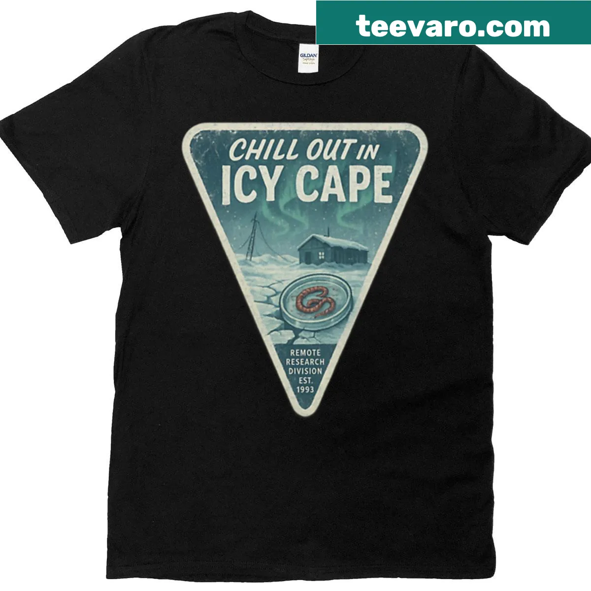 Illustration of a frosty landscape with paranormal hints on a travel t-shirt — on a men's t-shirt