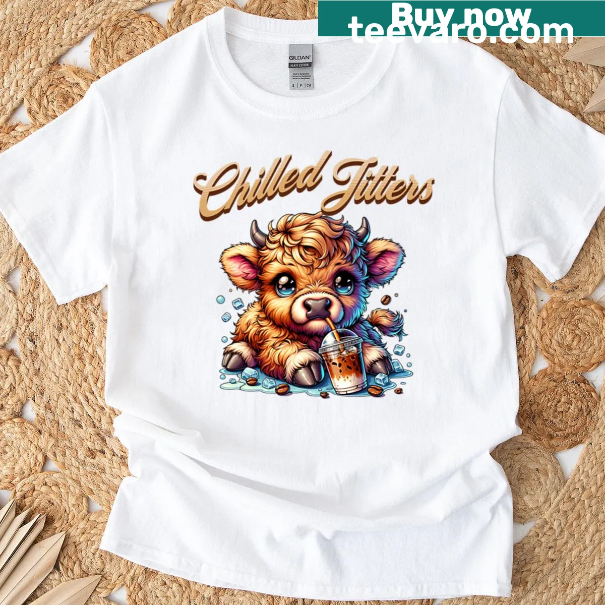 Cute T-shirt featuring a Highland cow with iced coffee art. — on a men's t-shirt