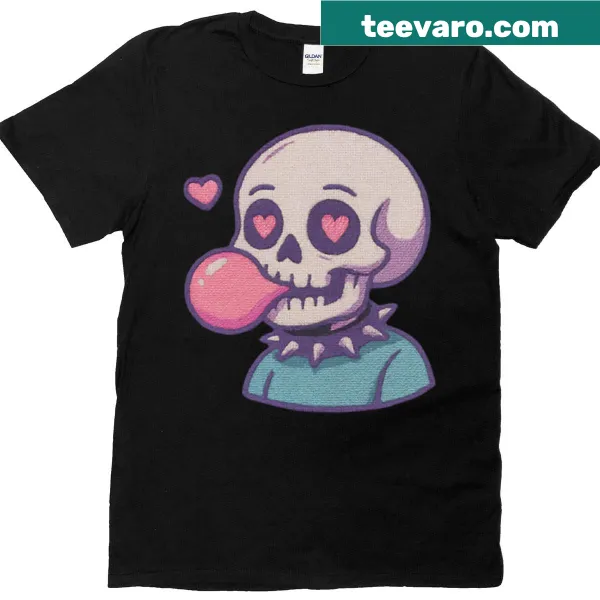 Embroidered skull T-shirt blowing bubblegum