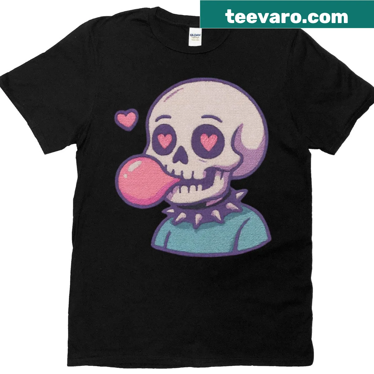 Embroidered skull T-shirt blowing bubblegum — on a men's t-shirt