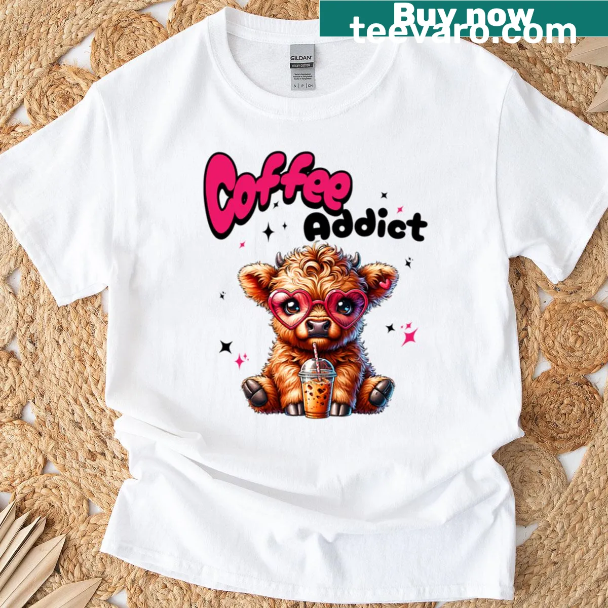 Kawaii Highland cow in heart glasses on a t-shirt — on a men's t-shirt