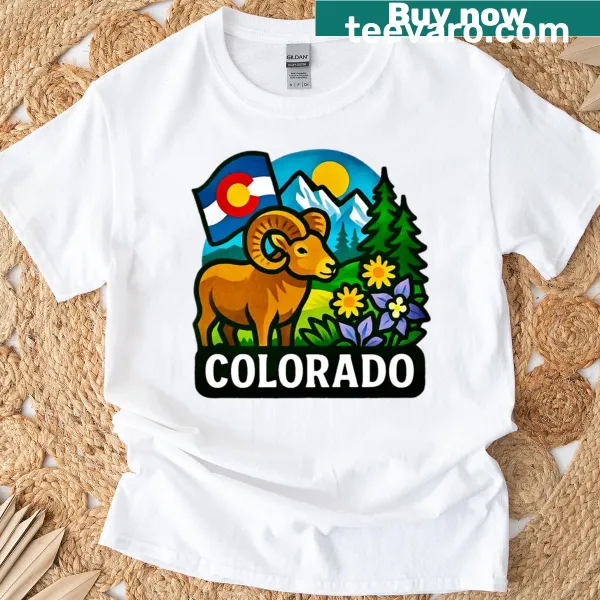 Bighorn sheep illustration with Rocky Mountain peaks on T-shirt