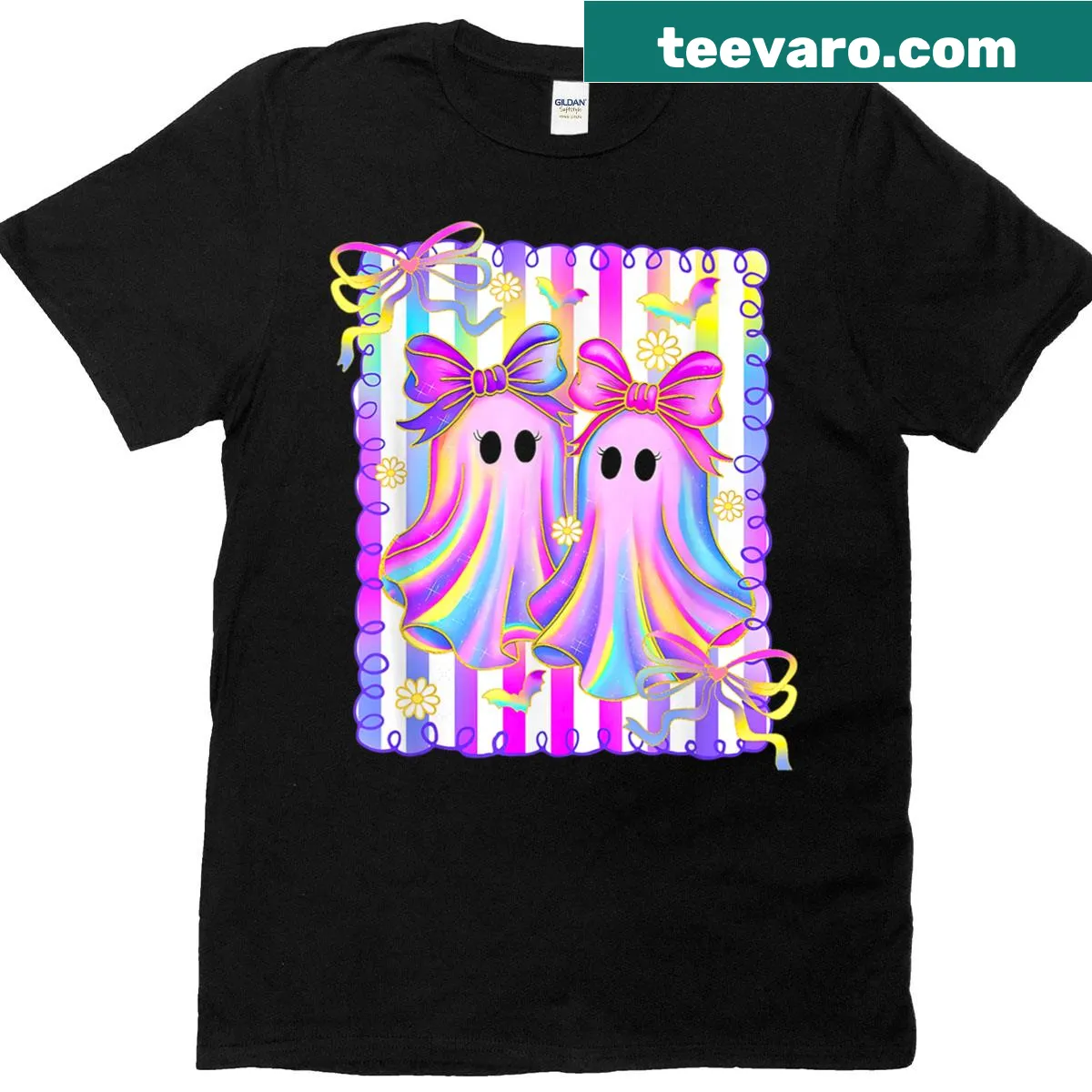 Adorable Halloween ghosts with bows on a colorful aesthetic t-shirt — on a men's t-shirt