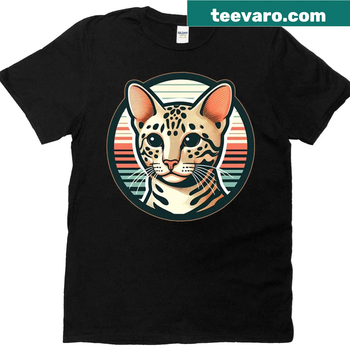 Ocicat illustration within a retro circle design — on a men's t-shirt