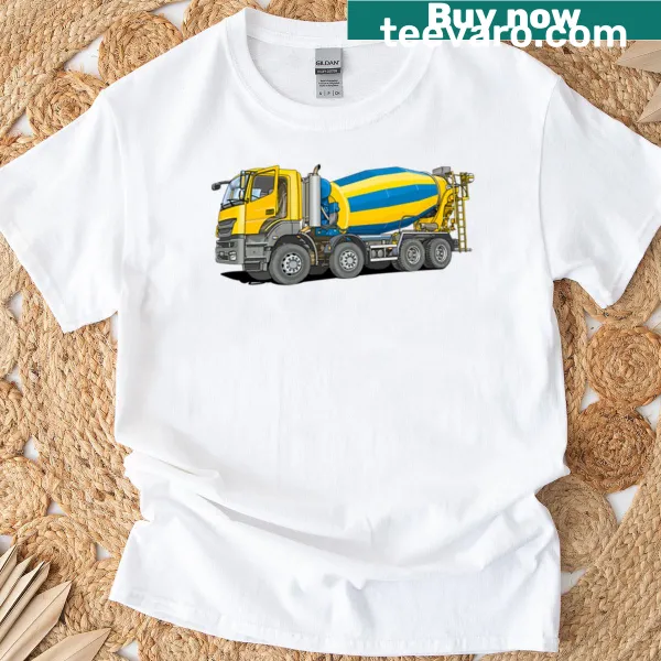 Graphic T-shirt featuring concrete mixer trucks for construction workers.
