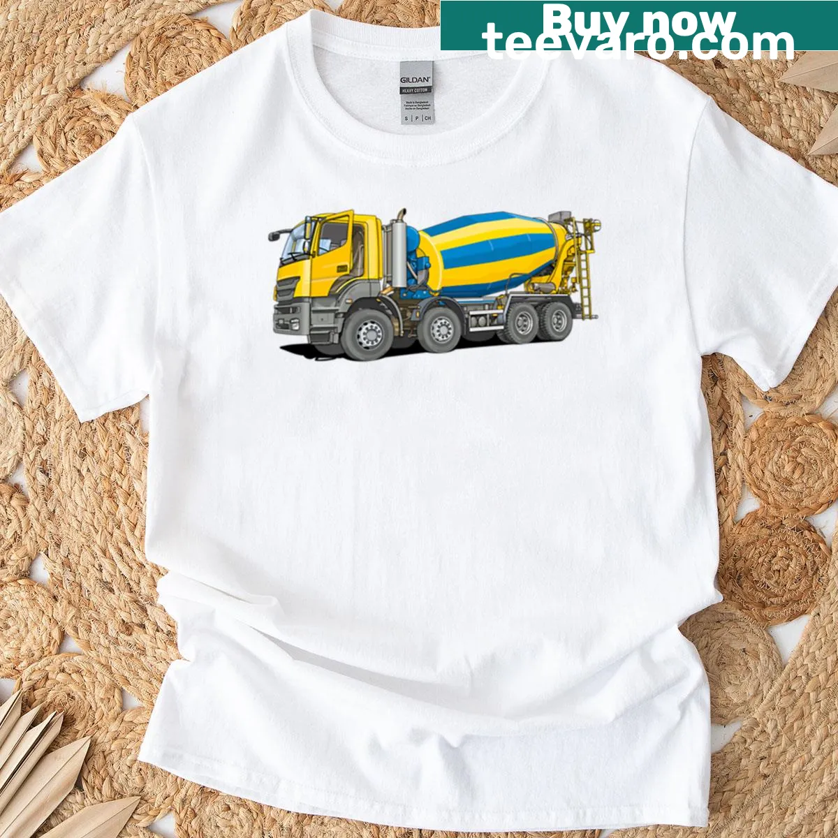 Graphic T-shirt featuring concrete mixer trucks for construction workers. — on a men's t-shirt