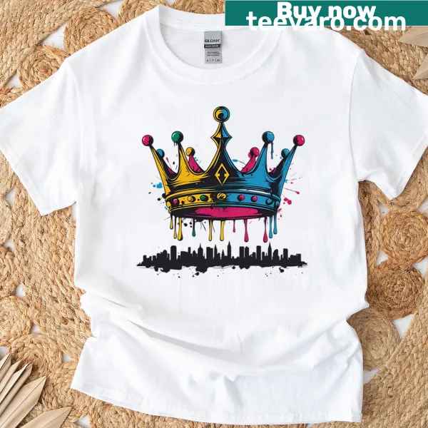 Graphic T-shirt with a dripping crown over a cityscape