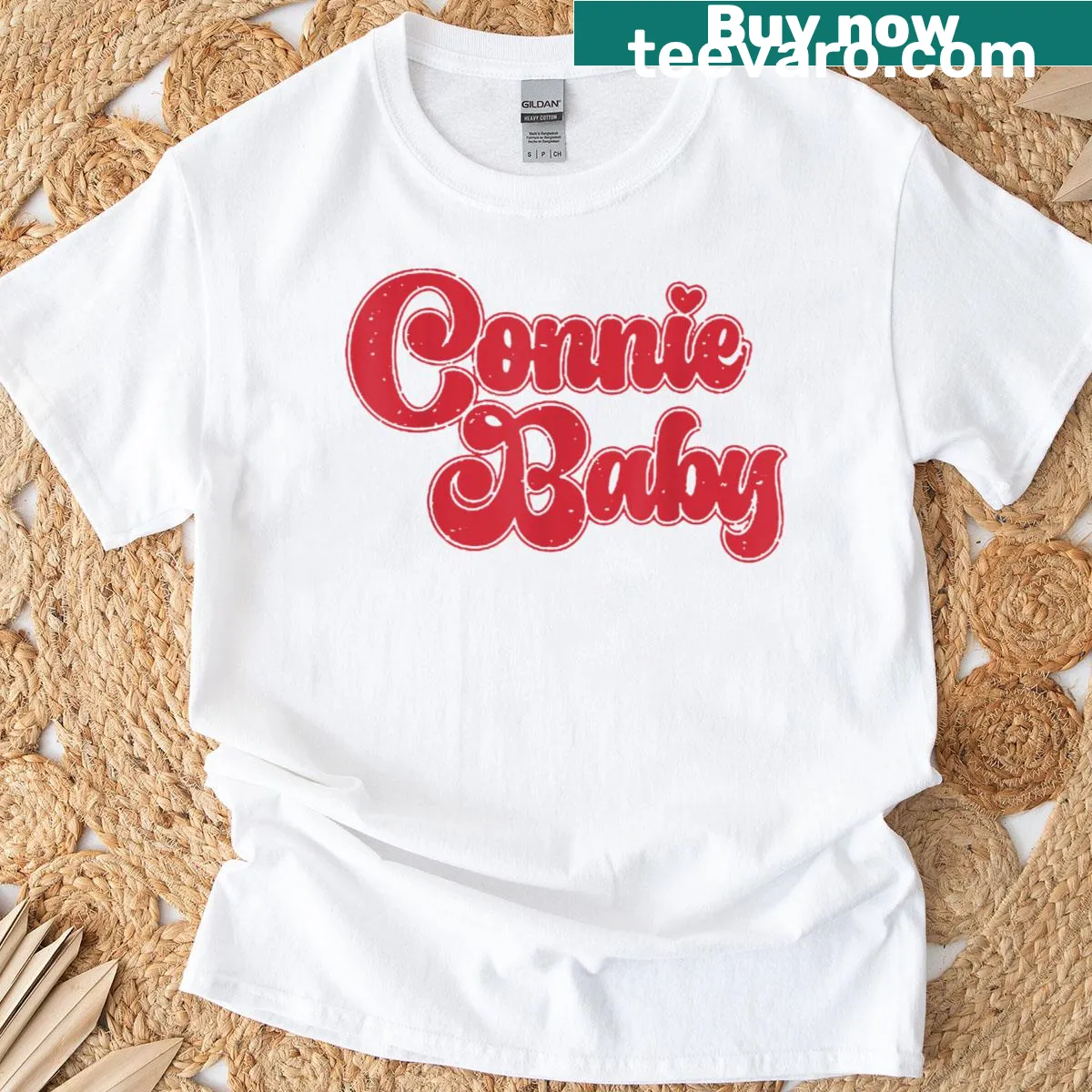 Vintage-inspired summer t-shirt with Connie Baby text — on a men's t-shirt