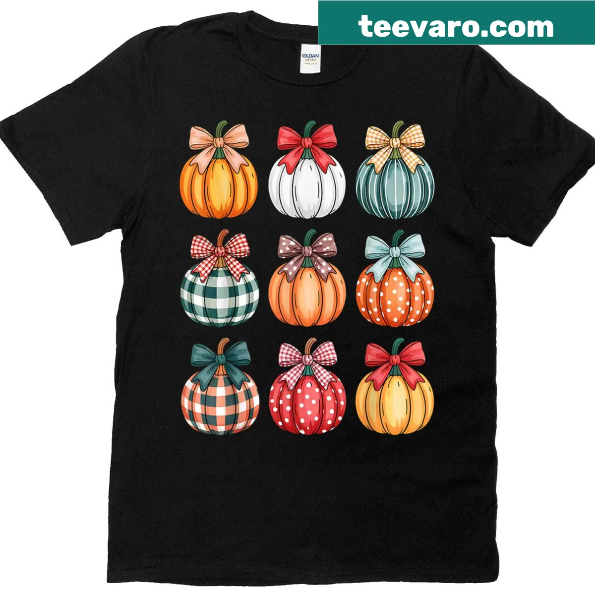 Thanksgiving pumpkin season T-shirt with coquette bow and fall leaves — on a men's t-shirt