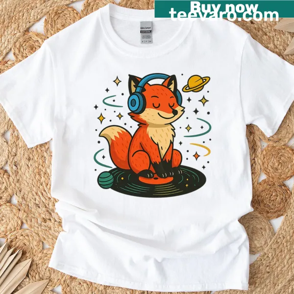 Illustration of a fox with cosmic themes on a t-shirt.