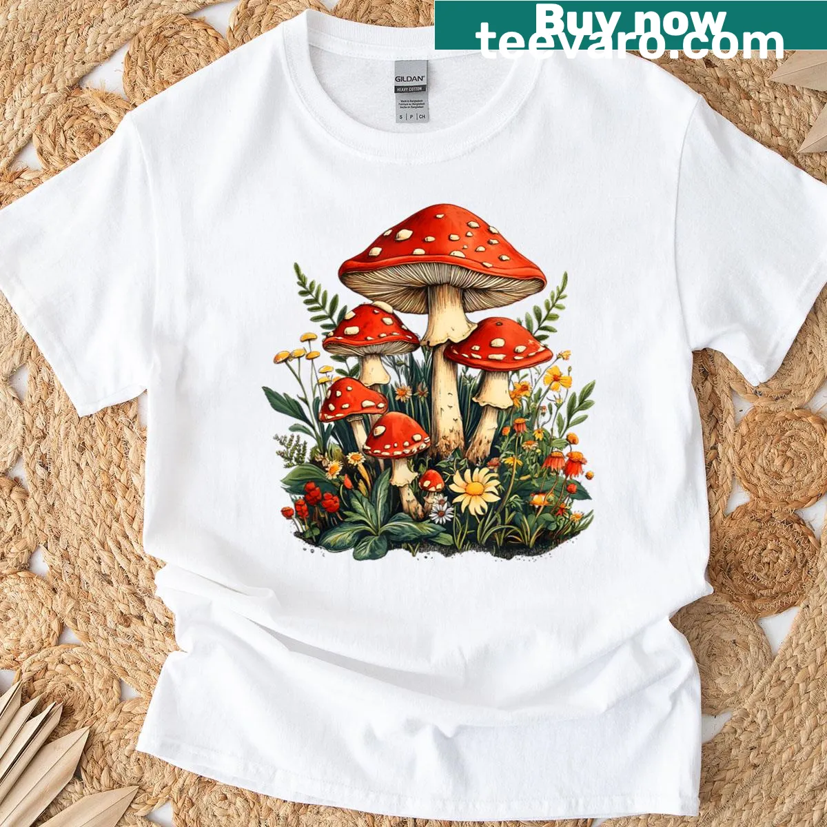 Vintage-style mushroom garden t-shirt with whimsical nature graphics — on a men's t-shirt