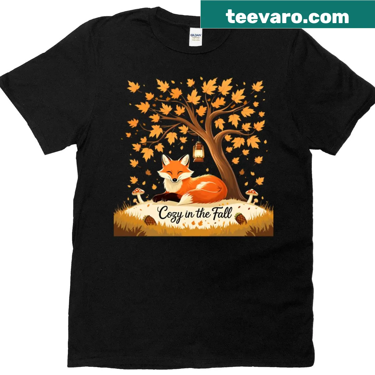 Illustration of a fox under a tree on a T-shirt — on a men's t-shirt