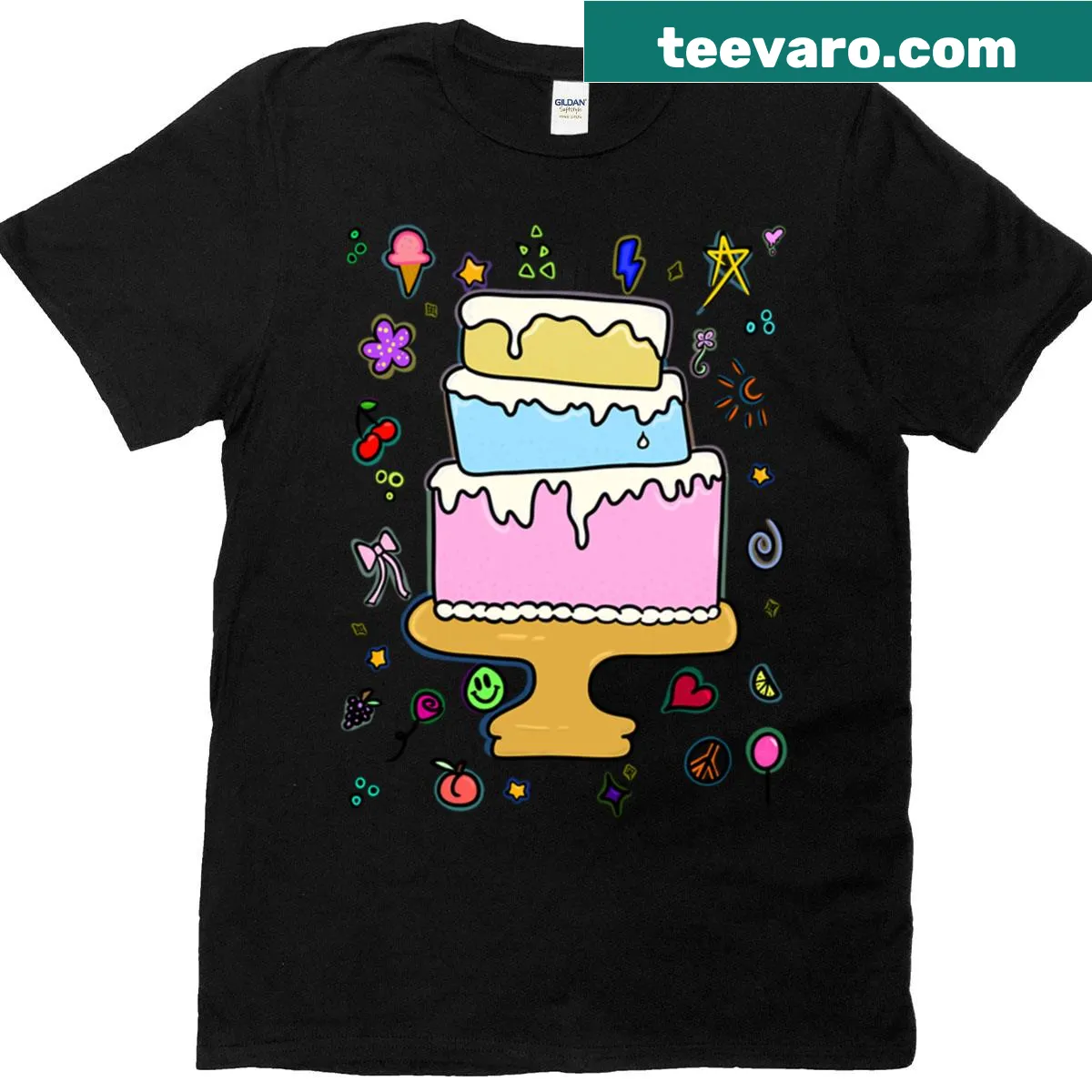 Playful cartoon design of a colorful cake on a t-shirt — on a men's t-shirt