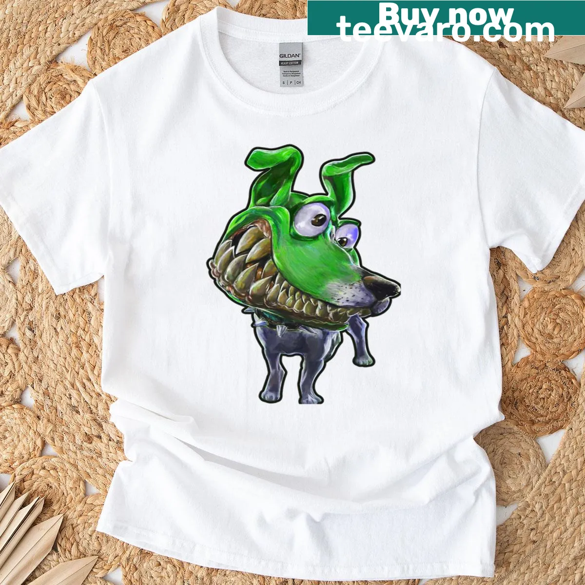 Cartoon green dog design on a fun t-shirt — on a men's t-shirt
