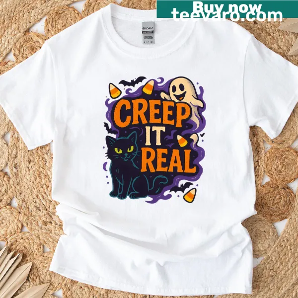 Halloween design with a ghost cat and text on t-shirt