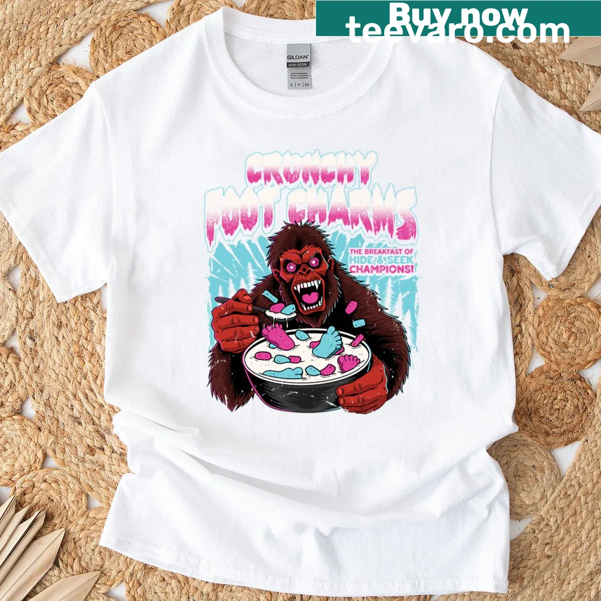 Vintage-style t-shirt with Bigfoot as a cereal box in parody art — on a men's t-shirt