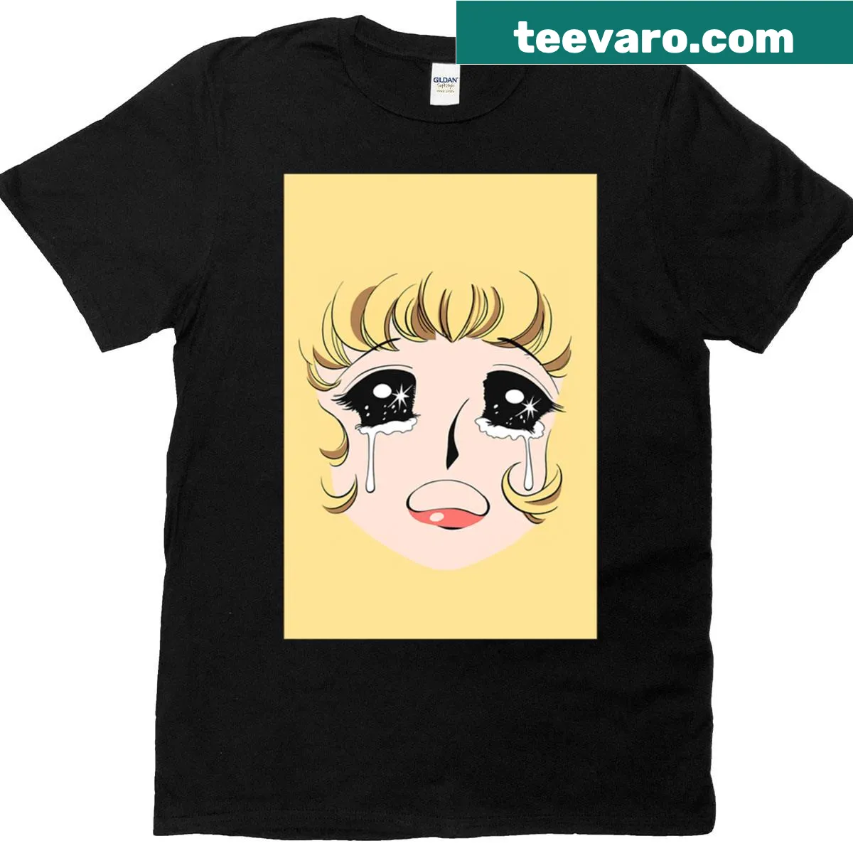 Anime girl face T-shirt with sparkling eyes and tears illustration — on a men's t-shirt