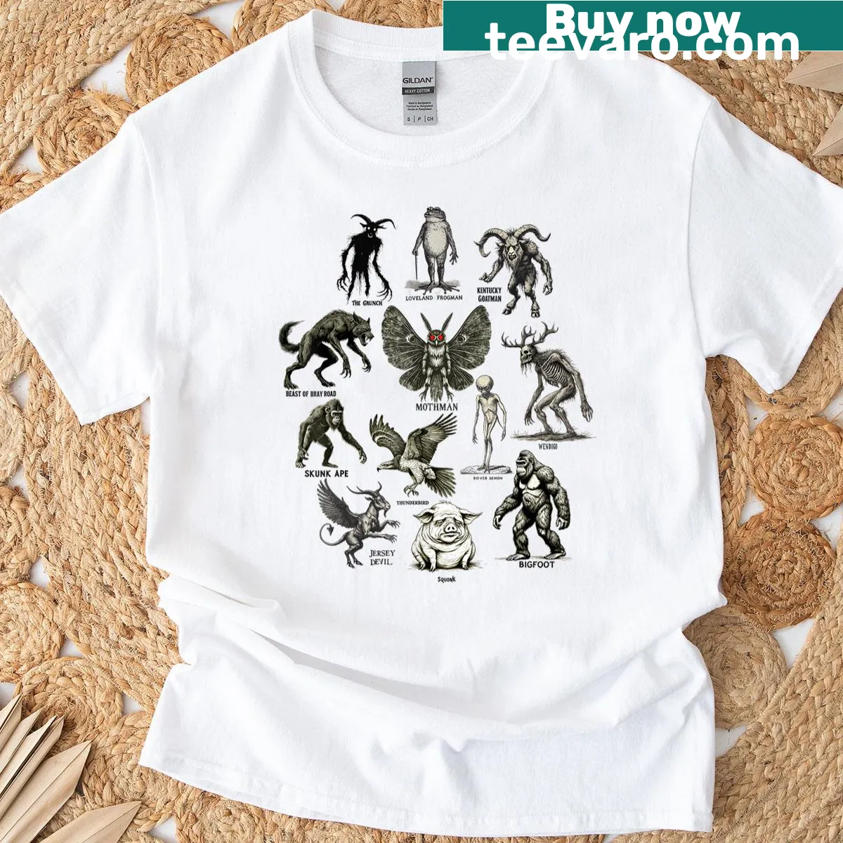 Vintage field guide illustration of cryptids on T-shirt — on a men's t-shirt
