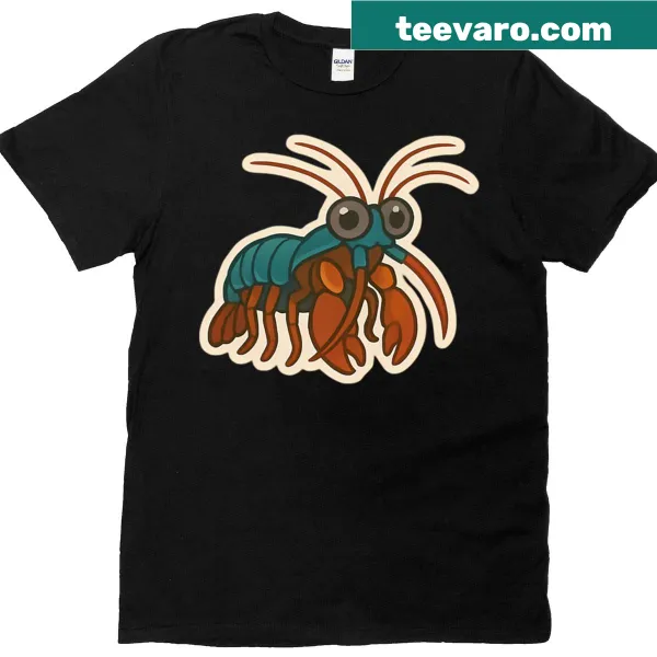 Realistic graphic of a curious mantis shrimp on a t-shirt