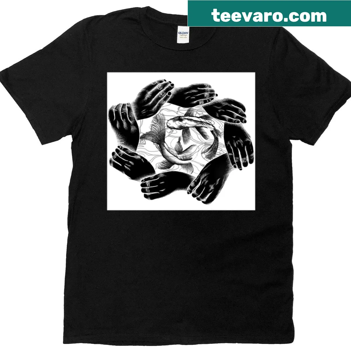 Interconnected lines design on Currents Of Connection T-shirt — on a men's t-shirt
