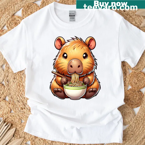 Kawaii capybara and turtle design with ramen on T-shirt