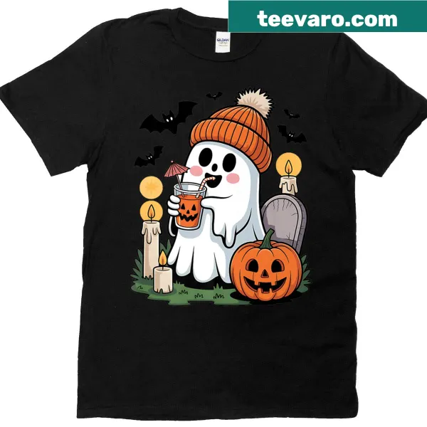 Adorable ghost drinking coffee Halloween-themed T-shirt for women