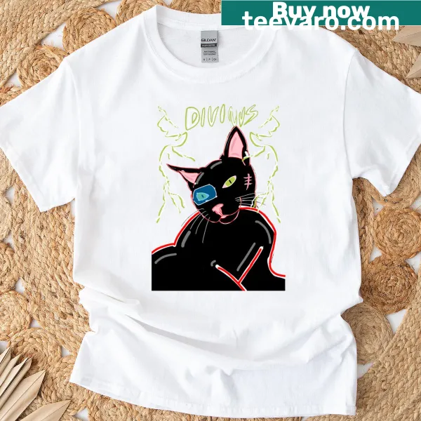 Futuristic cyborg cat illustration on a t-shirt.