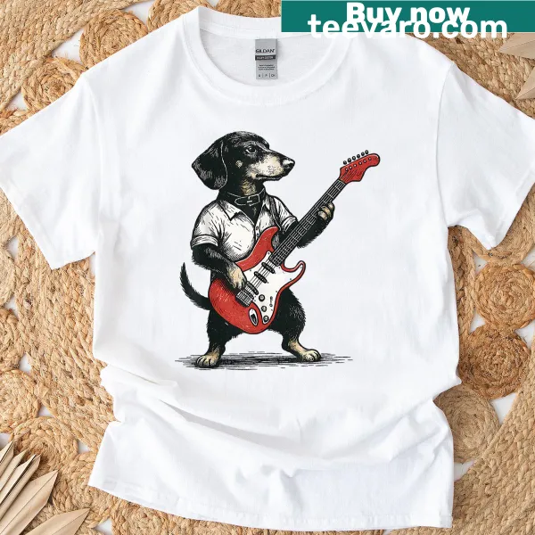 Vintage dachshund playing guitar t-shirt for dog lovers.