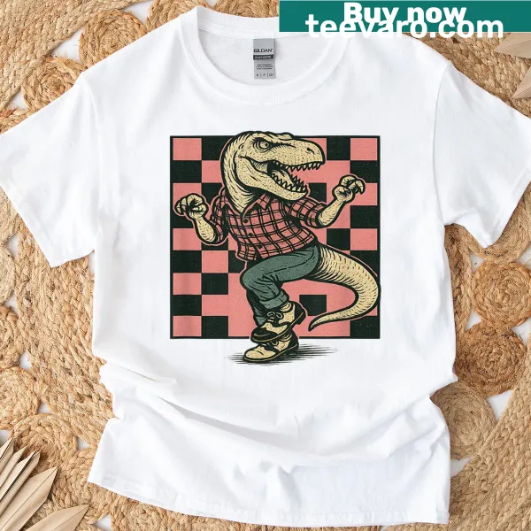 Vintage style T-shirt featuring a dancing T-Rex in plaid