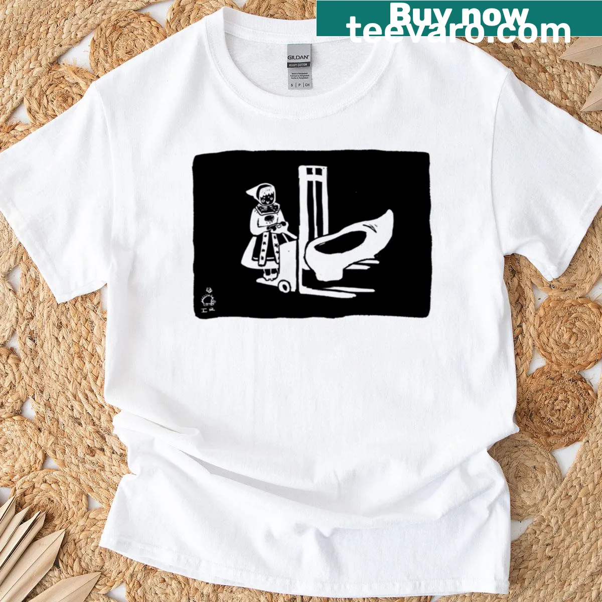 Illustrated T-shirt featuring Danish folk costume clogs and a forklift. — on a men's t-shirt