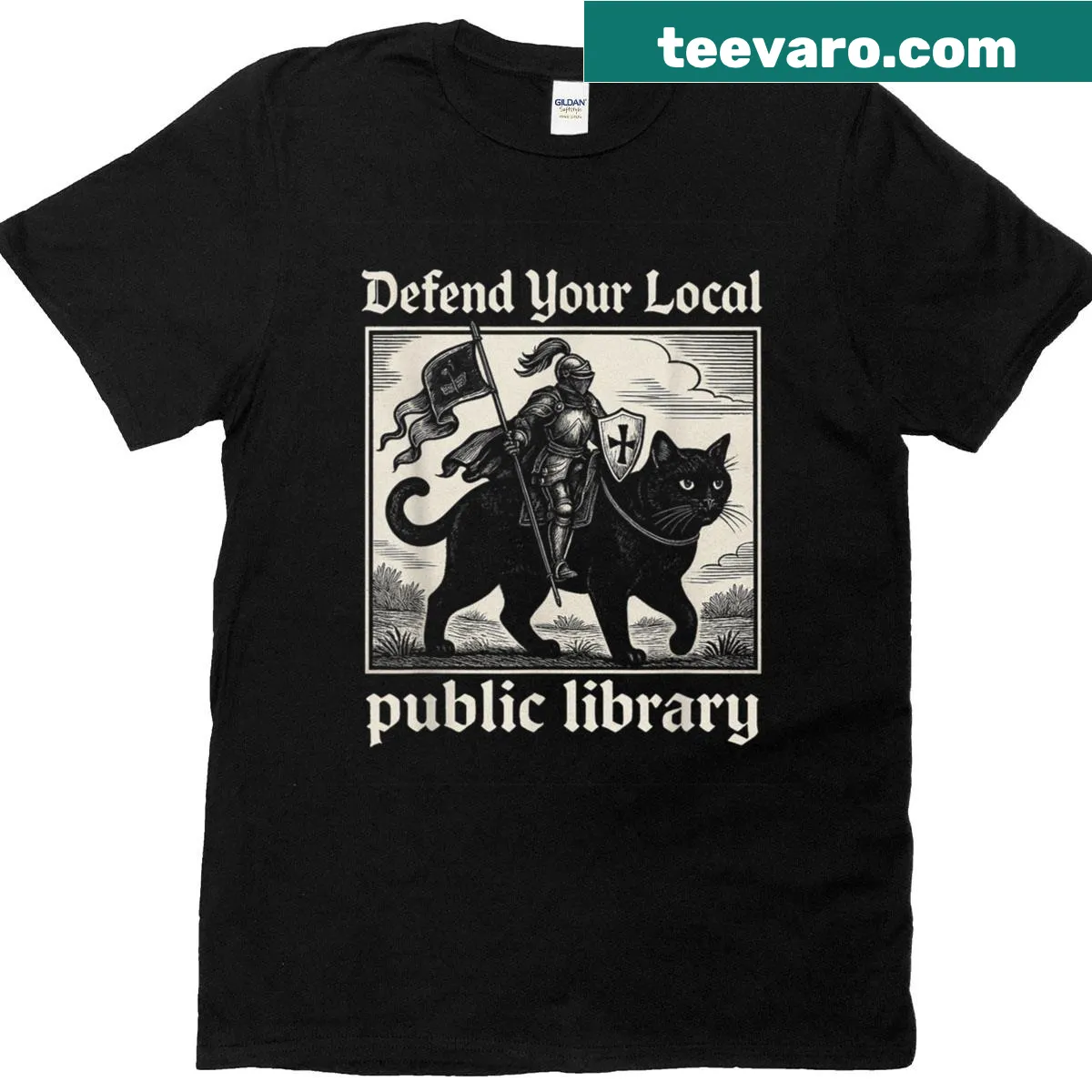 Funny fantasy Cat Knight T-shirt defending a library — on a men's t-shirt