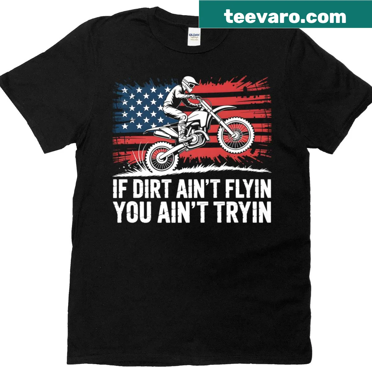 Vintage T-shirt featuring a dirt bike design with an American flag — on a men's t-shirt