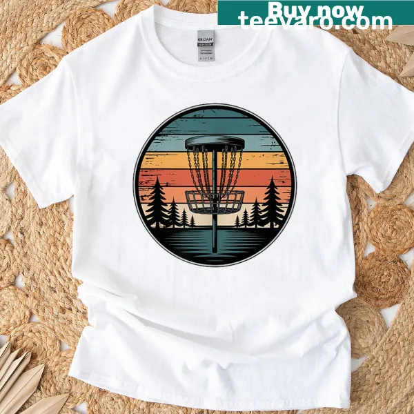 Vintage sunset design for disc golf enthusiasts on a t-shirt.