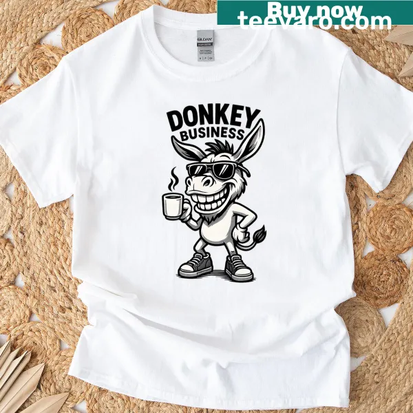Cartoon donkey and coffee graphic on a t-shirt
