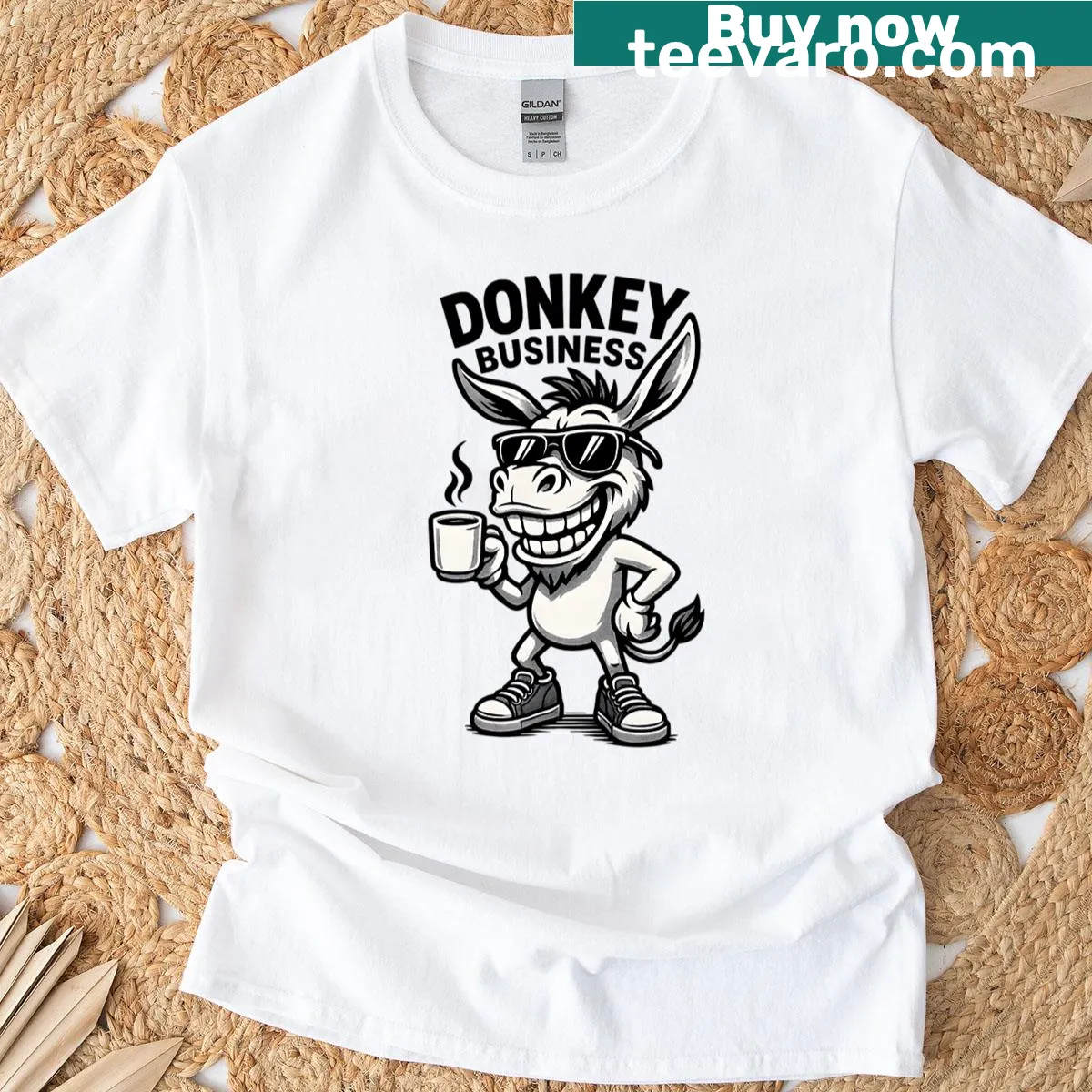 Cartoon donkey and coffee graphic on a t-shirt — on a men's t-shirt