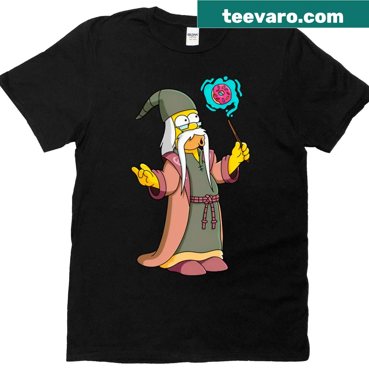 Donut Wizard T-shirt with a cartoon wizard conjuring donuts — on a men's t-shirt